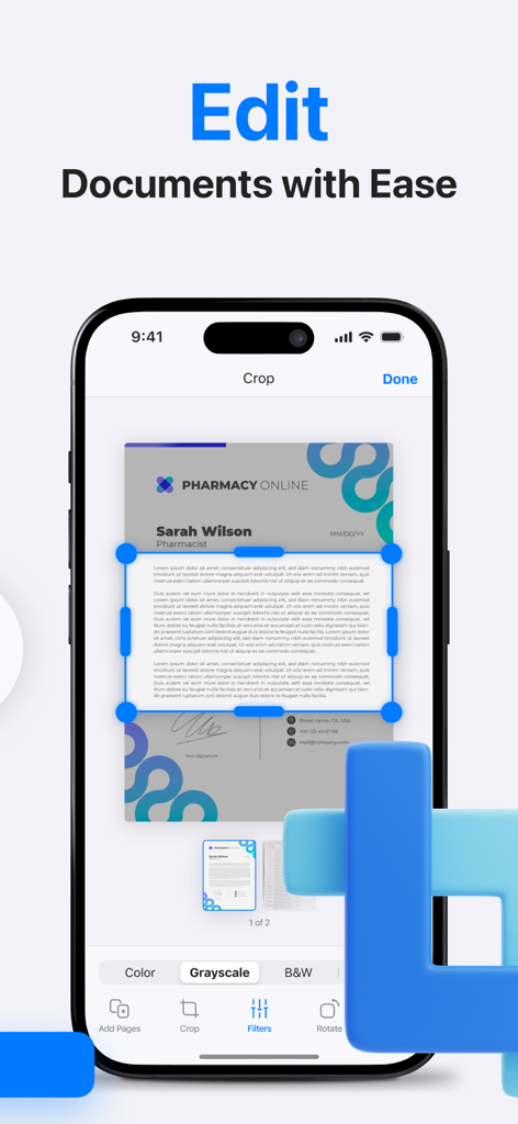 PDF Document Scanner App + - Pantalla de teléfono móvil mostrando un documento siendo recortado y editado con un filtro de escala de grises en una aplicación de escáner