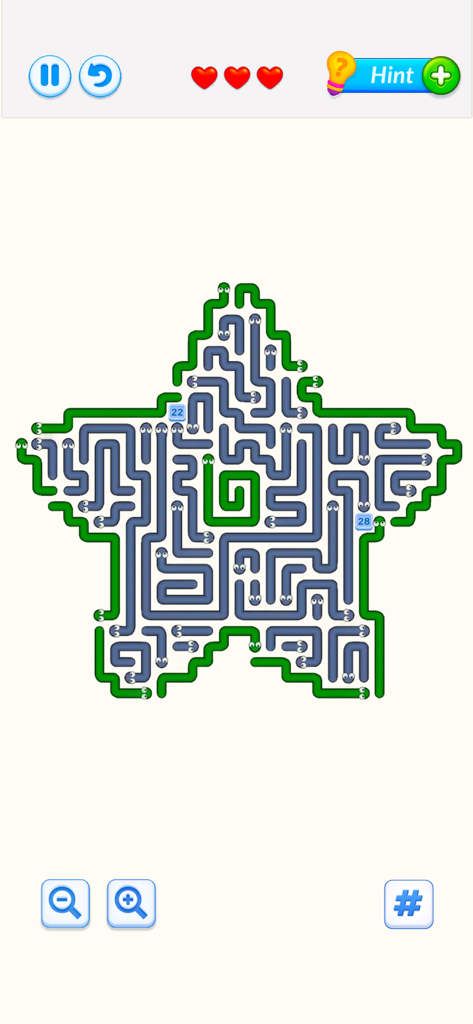 Snake Arrows Puzzles Escape - A star shaped logic puzzle grid filled with intertwined green and grey snake arrows