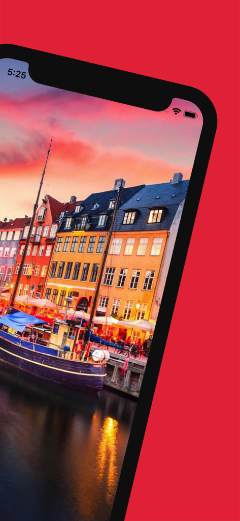 Copenhagen Reiseführer App, die eine Sonnenuntergangsansicht des Nyhavn-Ufers auf einem iPhone-Bildschirm anzeigt.
