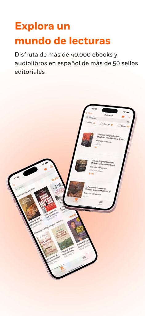 Penguinlibros - Penguinlibros mobile app displaying a catalog of Spanish ebooks and audiobooks on two smartphones