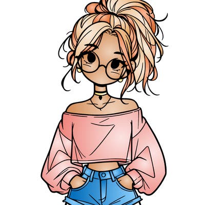 girl with a messy ponytail glasses a baggy crop top and jean shorts