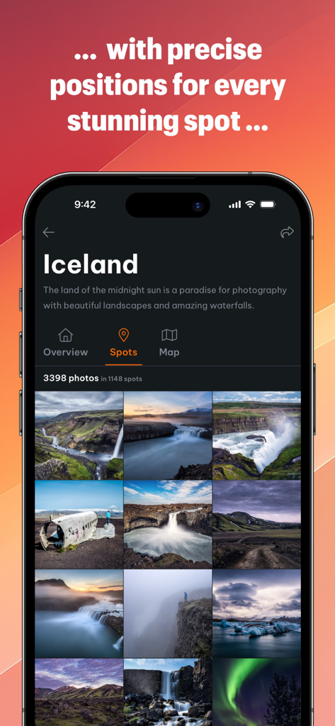 iPhone screen displaying the Locationscout app with a gallery of photography spots in Iceland