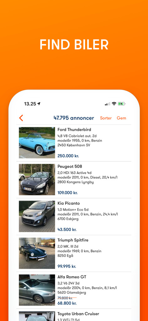 Bilbasen app interface displaying a list of car ads with prices and vehicle details