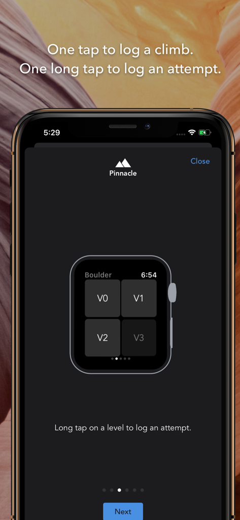 Pinnacle Climb Log app screenshot showing the Apple Watch interface for logging bouldering grades