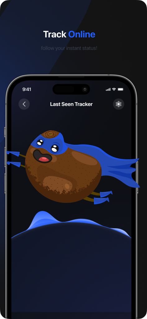 wLog: Family Monitor - wLog app screen displaying the Last Seen Tracker feature with a superhero potato character