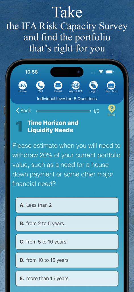 Index Fund Advisors - Index Fund Advisors app Risk Capacity Survey question on an iPhone screen