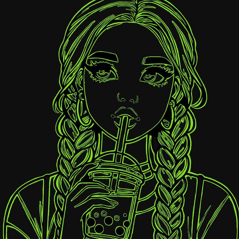 realistic girl with braided hair drinking boba