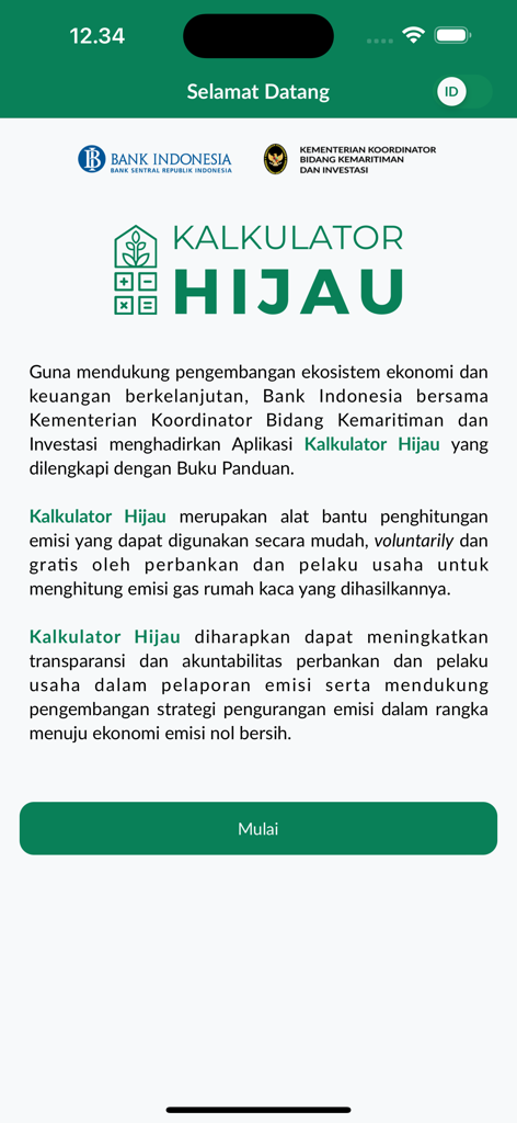 Welcome screen of the Kalkulator Hijau mobile app by Bank Indonesia featuring the logo and introduction text.