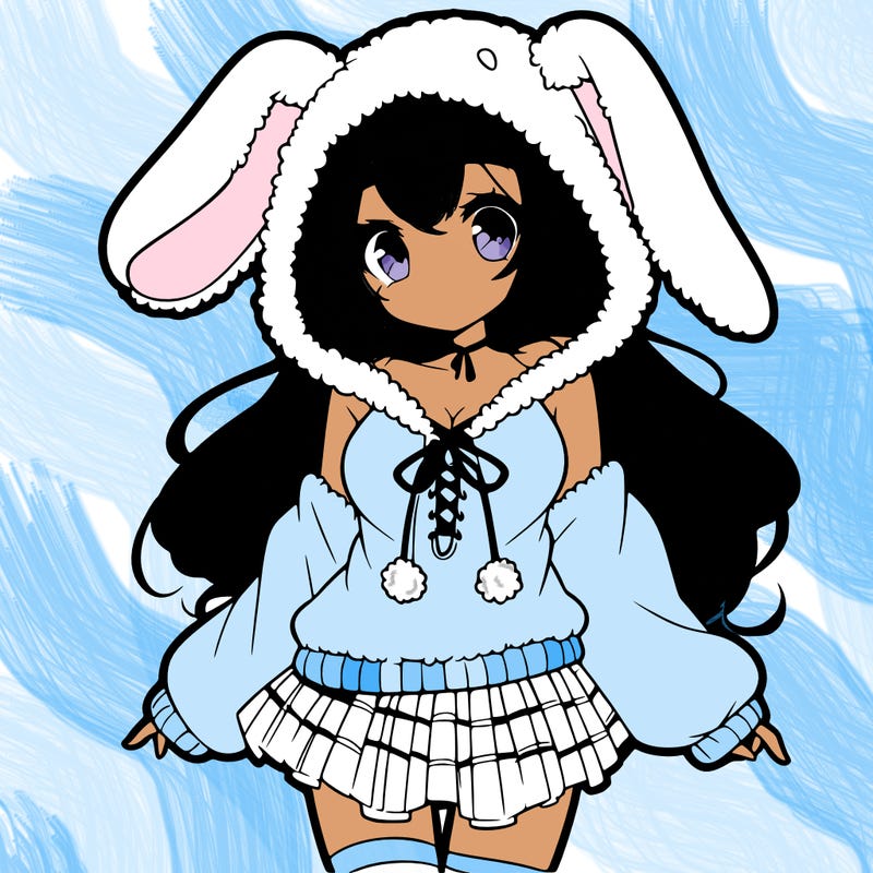 pretty anime girl wearing a fluffy hoodie with bunny ears on the hood and a skirt