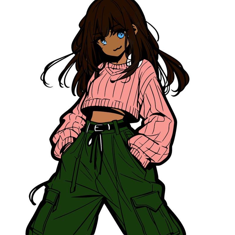 anime teen girl with baggy pants and crop top with sweater
