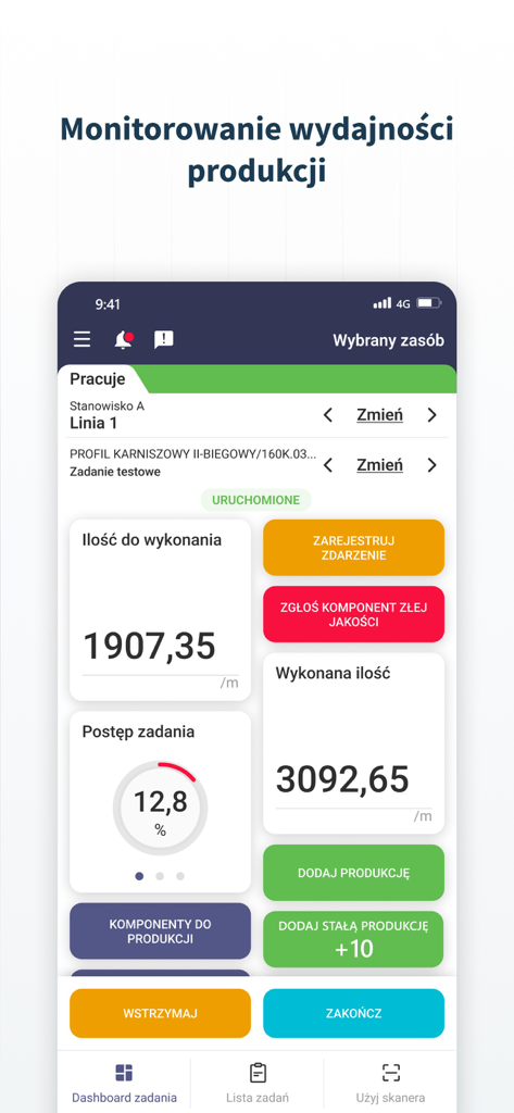 Production monitoring dashboard of the Queris MES Mobile app showing task progress and quantity metrics for industrial operators.