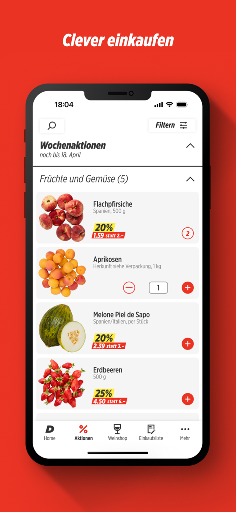 Denner – Aktionen und Weinshop - Denner mobile app displaying weekly promotions and discounts on fresh fruits and vegetables.