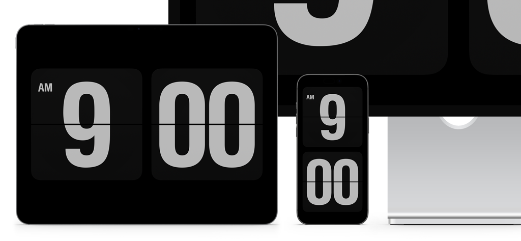Fliqlo - Fliqlo flip clock app displayed on an iPad, iPhone, and desktop monitor with a minimalist black and white design
