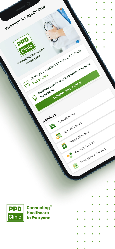 Schermata principale dell'app PPD Clinic che mostra il cruscotto del medico e i servizi medici