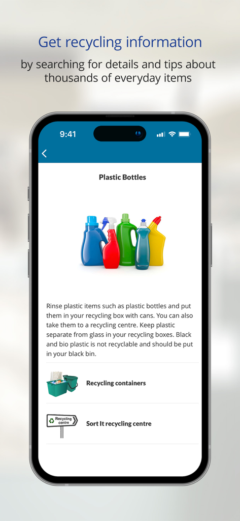 Bildschirm der App des South Gloucestershire Council mit Informationen zum Recycling und Entsorgungsanweisungen für Plastikflaschen