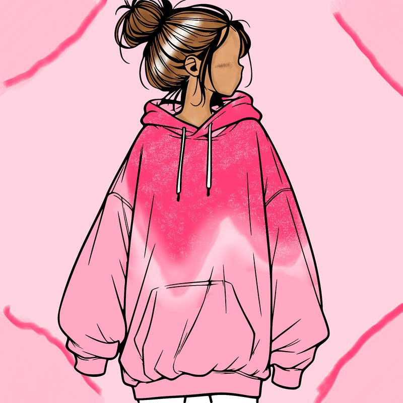 realistic girl with a oversized sweatshirt on and a bun