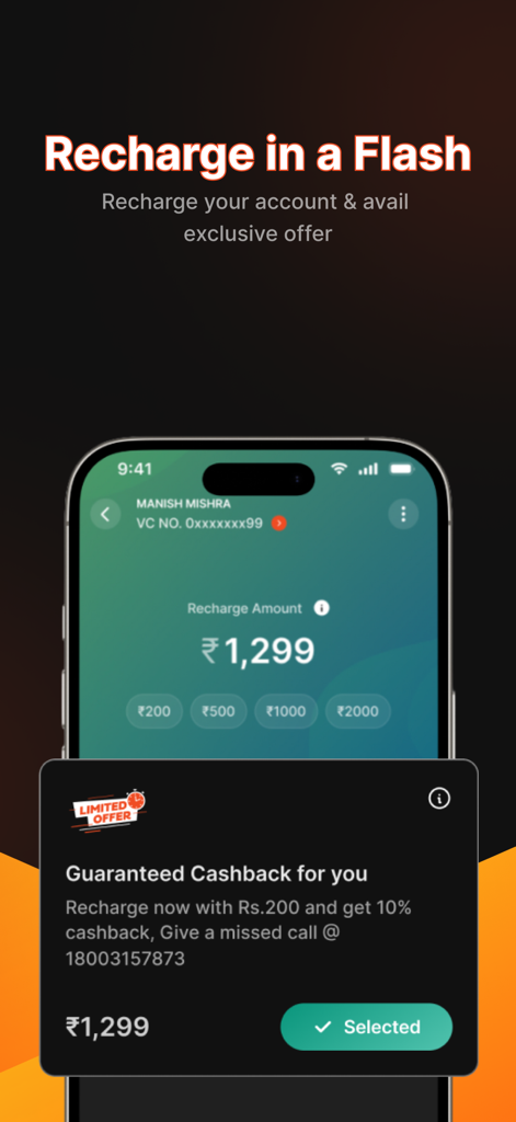 My DishTV app interface for quick account recharge featuring a limited time cashback offer