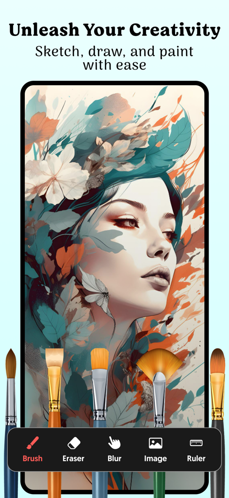 SketchBook Draw Art & Paint - Interface of the SketchBook Draw Art and Paint app showcasing a digital portrait and artistic brushes