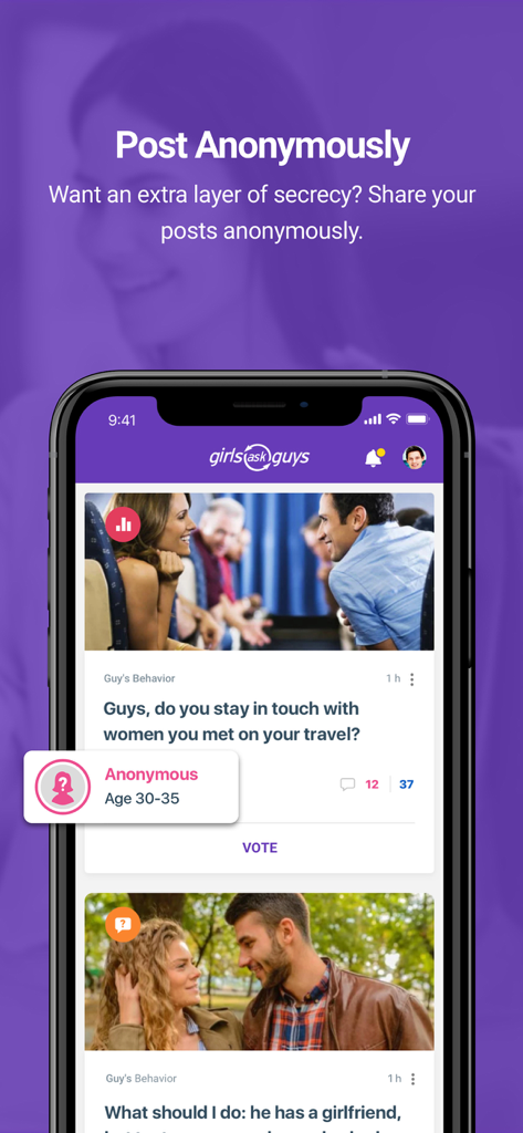 GirlsAskGuys™ - A mobile app screen for GirlsAskGuys showing the option to post dating questions anonymously