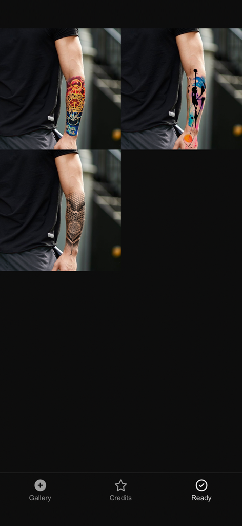 İnkscape & Pinterest Tattoo - AI-generated realistic tattoo previews on a male forearm showing geometric and watercolor designs