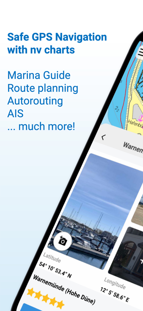 Pantalla de smartphone mostrando la aplicación de navegación náutica NV Charts con guía de marinas y funciones AIS