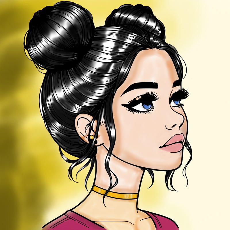 realistic girl with buns on the top of her head