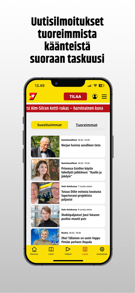 Finnish entertainment news app Seiska showing a list of celebrity headlines on a smartphone