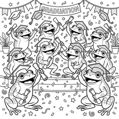 Witness a one-of-a-kind graduation celebration with our printable coloring page featuring joyful Goliath frogs. Each frog is adorned in a cap and holding a diploma, surrounded by festive confetti and a 'GRADUATION' banner.