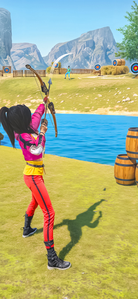 Master Archery Battle Shoot 3D - Un personaje apuntando un arco a objetivos de diana en un campo de tiro con arco 3D al aire libre