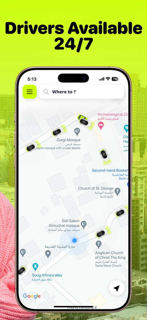 Kimo taxi app interface showing available drivers on a map in Libya with 24 7 service text