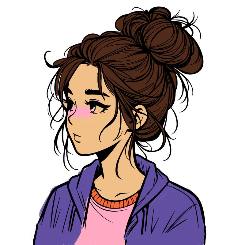 realistic teenage girl with a messy bun
