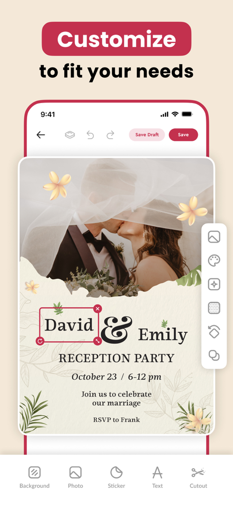 Wedding Invitation Maker RSVP - Mobile app editor interface showing a customized wedding reception invitation for David and Emily