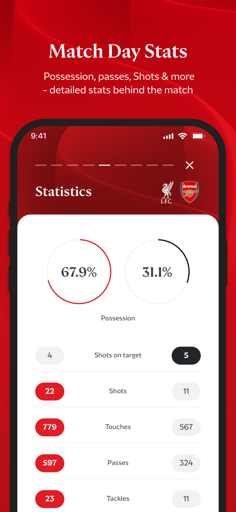 The Official Liverpool FC App - Detailed match day statistics screen on the Official Liverpool FC App displaying possession and performance data.