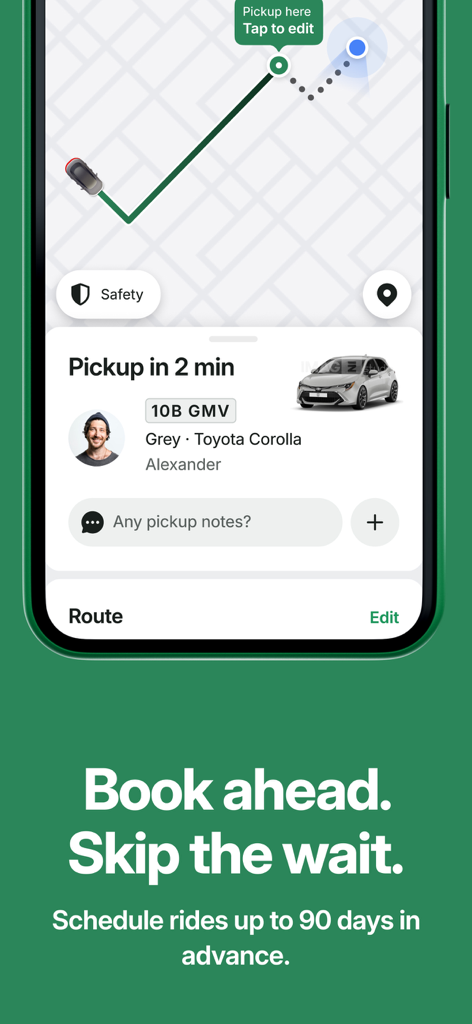 Bolt ride sharing app interface showing a map with a car location and text about scheduling rides up to 90 days in advance