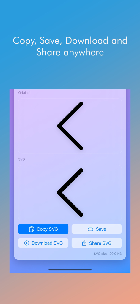 Image to SVG アプリのエクスポート画面。変換されたベクターファイルをコピー、保存、ダウンロード、共有するオプションが表示されています。