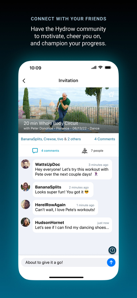 Hydrow - Hydrow app interface showing a social workout invitation with user comments and community interaction