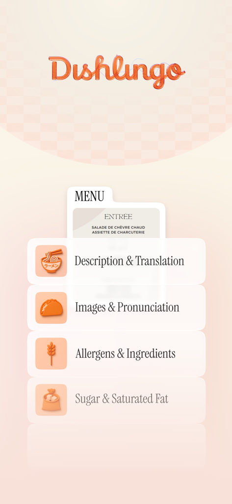 Dishlingo: Food Menu Decoder - Dishlingo app interface displaying menu translation and allergen alert features