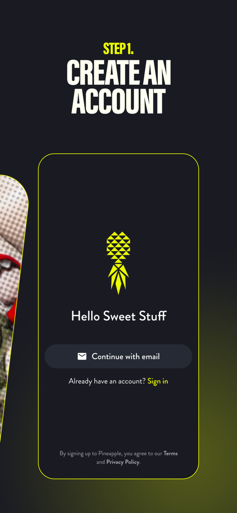 Pineapple Lifestyle app account creation screen with pineapple logo and email signup button