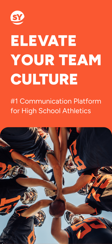 Ein Werbebildschirm für die sportsYou-App mit dem Slogan 'Verbessern Sie Ihre Teamkultur' und einem Huddle eines Highschool-Footballteams