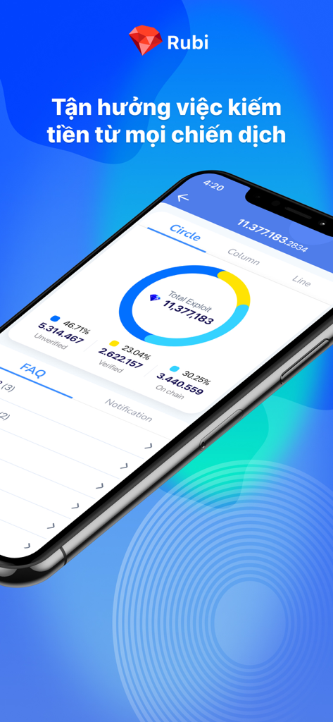 Rubi app interface displaying digital asset mining statistics and total exploit rewards