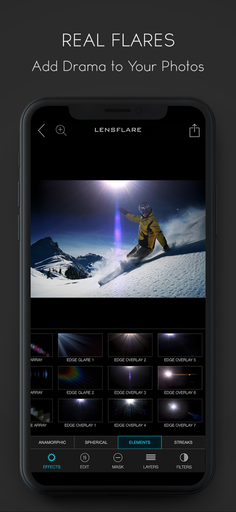 LensFlare app interface showing a dramatic light effect on a snowboarder photo with various preset options