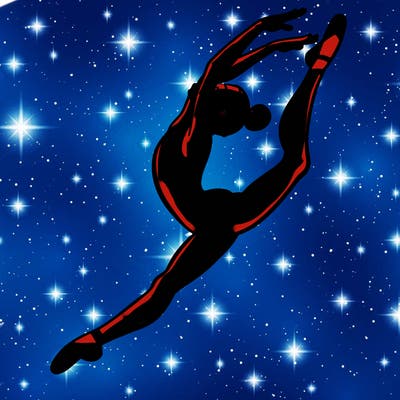 gymnast doing a leap in a leotard with a bent back leg