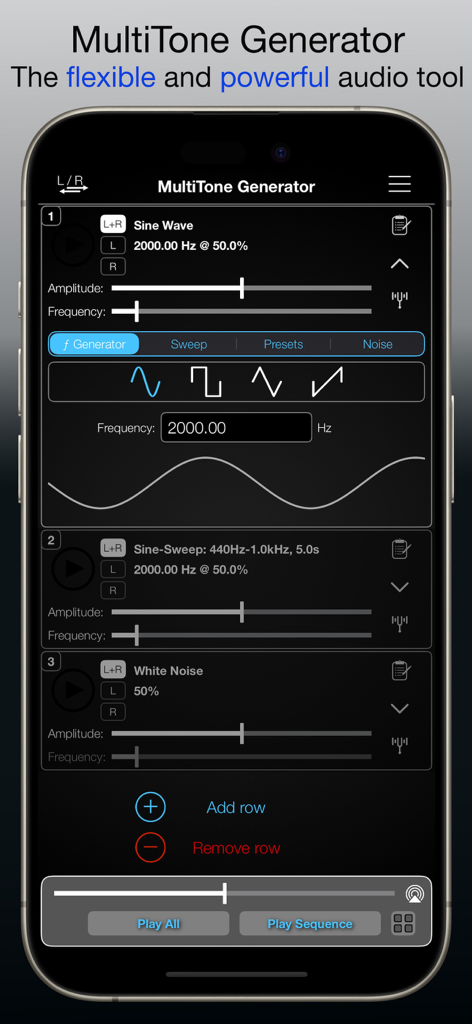 MultiTone Generator - Smartphone screen showing the MultiTone Generator app interface with sound wave and frequency settings