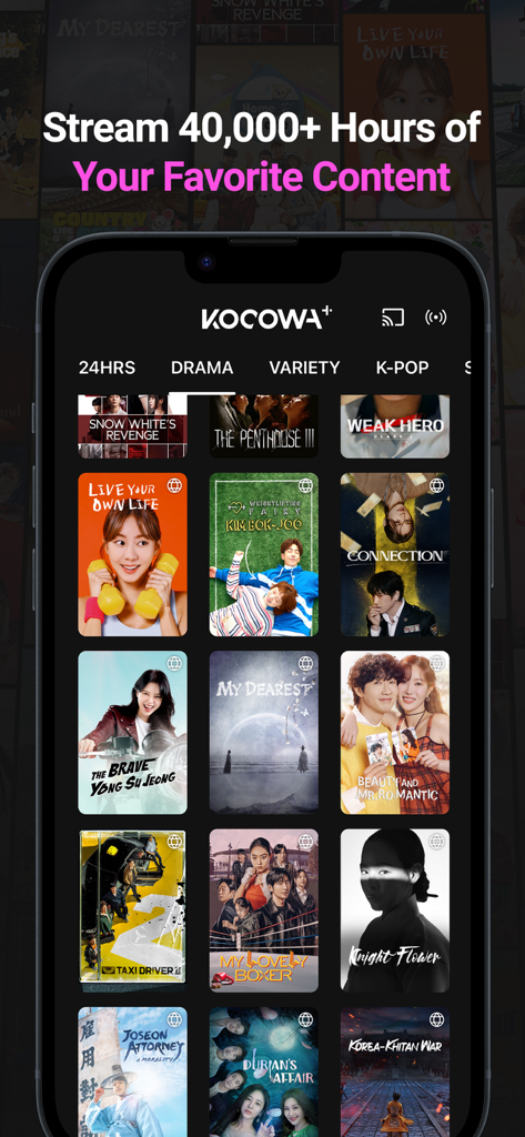 KOCOWA+: K-Dramas, Movies & TV - Interfaccia dell'app mobile KOCOWA plus che mostra una griglia di popolari drama coreani e show di varietà
