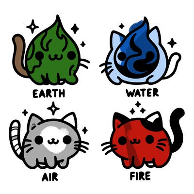4 cats that represent the different elements, earth, water, air, and fire