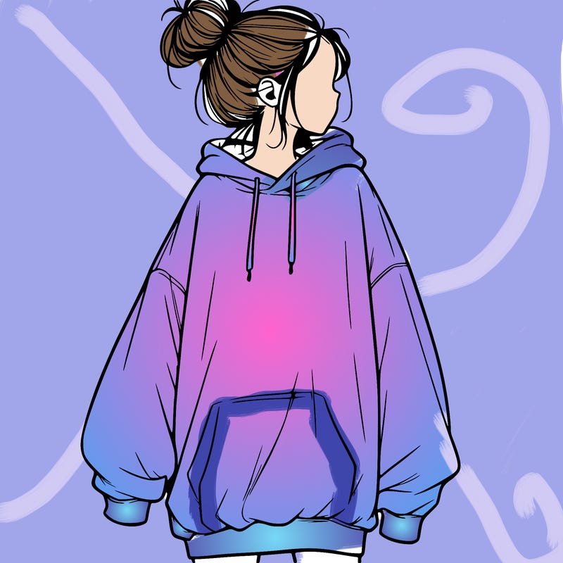 realistic girl with a oversized sweatshirt on and a bun