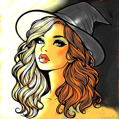 realistic witch girl with wavy hair and lips