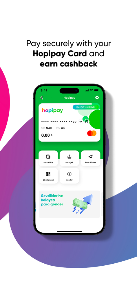 Smartphone-Bildschirm, der das digitale Hopipay-Wallet mit virtueller Karte und mobilen Zahlungsoptionen zum Sammeln von Cashback anzeigt