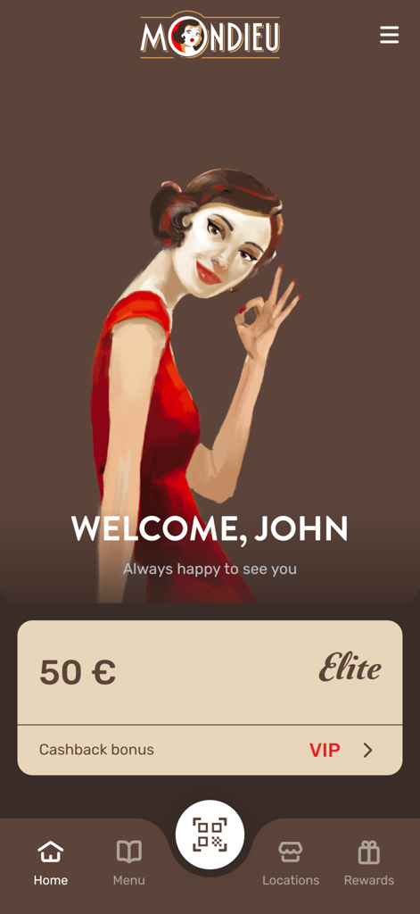 Mondieu - The home screen of the Mondieu app featuring a stylized illustration of a woman in a red dress, user welcome message, current balance, and elite status.
