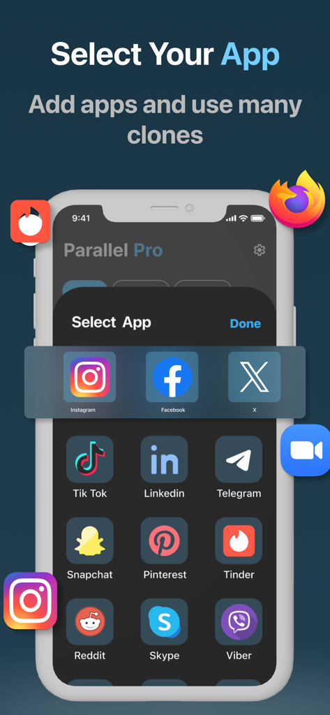 Dual Space - Multi Accounts. - Smartphone screen displaying a menu to select and clone popular apps like Instagram and Facebook for dual account use
